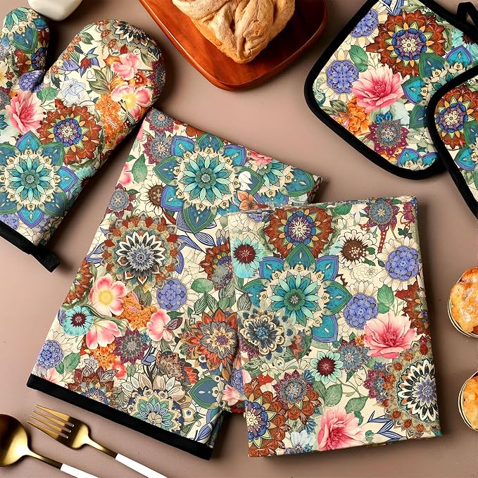 Jingmore 6 Pcs Kitchen Decor Set Accessory Farmhouse Kitchen Towels Pot Holders Oven Mitts Set 2 Dish Towels 2 Pot Holders 2 Cooking Mittens Oven Glove for Cooking(Colorful,Boho Floral)