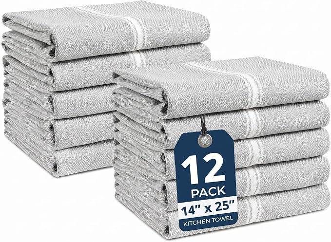 LANE LINEN Kitchen Towel Set, Pack of 12-14"x25" Tea Towels for Kitchen, Dish Drying Towels, Absorbent & Machine Washable, Soft & Durable, Reusable Cleaning Cloth for Glassware - Grey Chambray