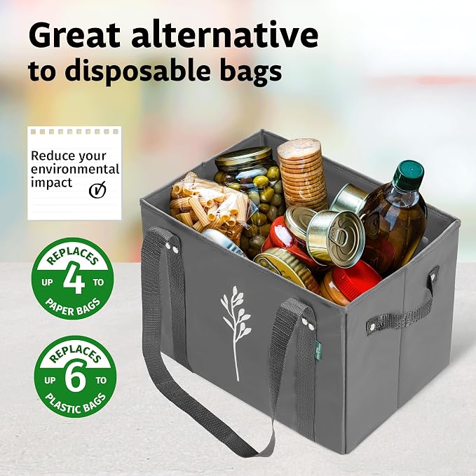 Green Bulldog Reusable Grocery Bags - Heavy Duty Reusable Shopping Tote Bags W/Long Handles, Foldable & Collapsible, Holds Up to 65 lbs - for Kitchen, Picnic 3 Pack