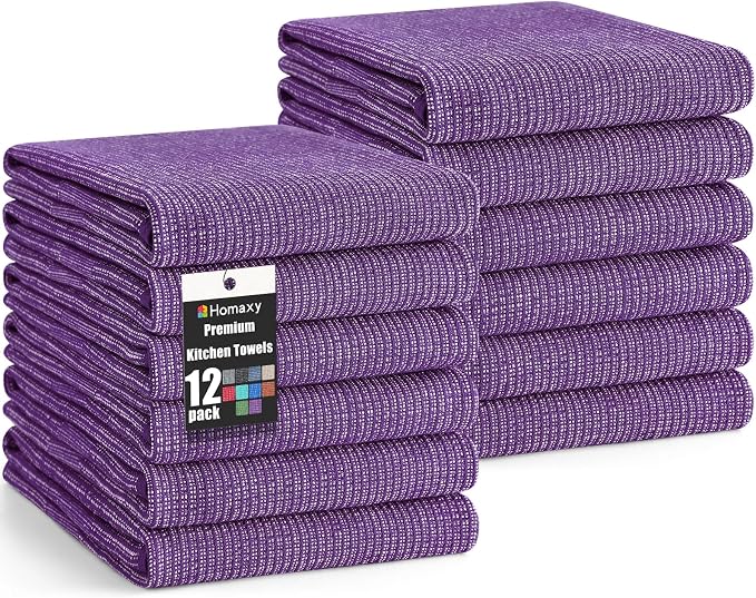Homaxy 380 GSM Cotton Premium Kitchen Towels 12 Pack, 18"x 28", Purple | Flat and Terry Dish Towels, Highly Absorbent Tea Towel Set with Hanging Loop, Soft Utility Kitchen Hand Towels