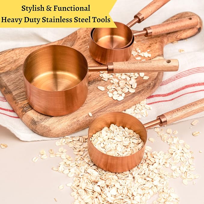 Copper Stainless Steel Measuring Cups and Spoons Set of 8, Wooden Handle with US and Metric Measurements