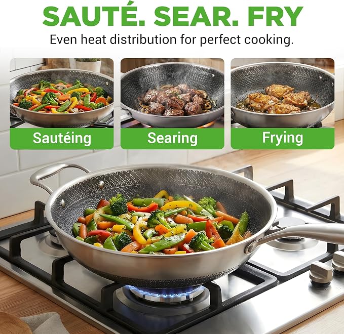 NutriChef 12" Stainless Steel Durable Wok - Triply Kitchenware Wok with Glass Lid, Side Handle - DAKIN Etching Non-Stick Coating, Scratch-resistant Raised-up Honeycomb Fire Textured Pattern