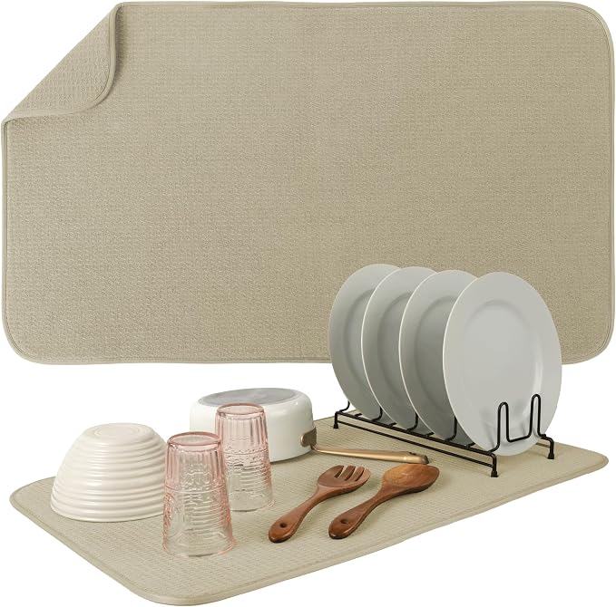 S&T INC. Dish Drying Mat, 18" x 30", Jumbo, Beige | Absorbent Microfiber, XXL Kitchen Counter Mat for Dishes, Utensils, Pots and Pans, Machine Washable