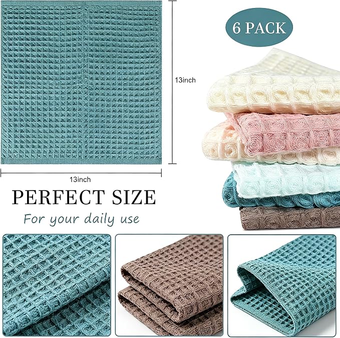 vfaejll Kitchen Towels Set 6 Pack, 100% Cotton Waffle Weave Dish Cloths & Dish Towels, 13x13 Inch Hand Towels for Kitchen, Absorbent Quick-Drying Dish Rags for Washing Dishes, 6 Colors