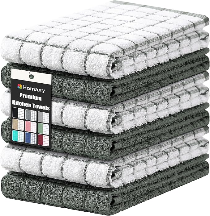 Homaxy Large Premium Cotton Kitchen Towels 16"x 28", 6 Pack, Dark Green | Natural Ring Spun 390 GSM Dish Towels, Super Absorbent Terry Kitchen Hand Towels, Soft Tea Towels with Hanging Loop