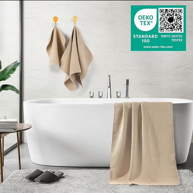 POLYTE 430 GSM Poly Blend Microfiber Quick Dry Waffle Bath Towel Set of 6 | 2-Body Towels, 2-Hand Towels, 2-Wash cloths, Oversize, Lint Free
