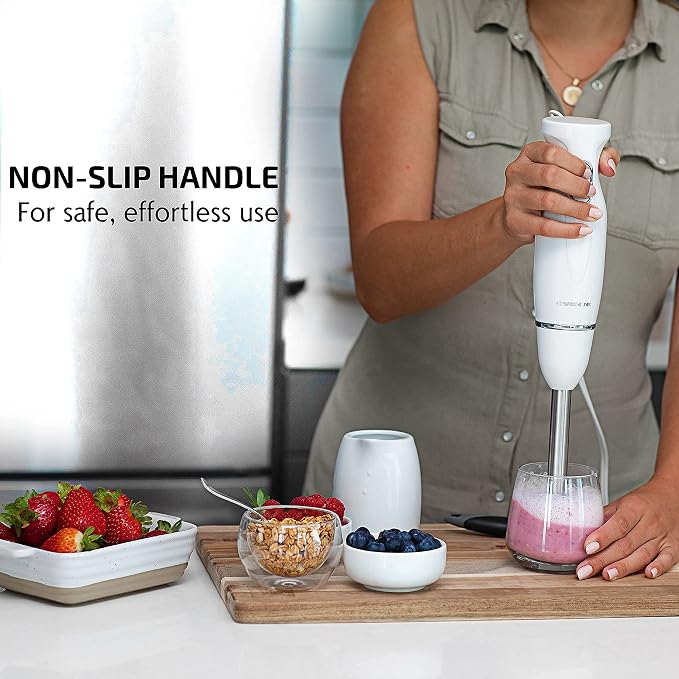 OVENTE Electric Corded Hand Blender, 300W with 2 Mixing Speeds White HS560W | Handheld Immersion Stick Mixer with Stainless Steel Blades for Smoothies, Purees & Baby Food