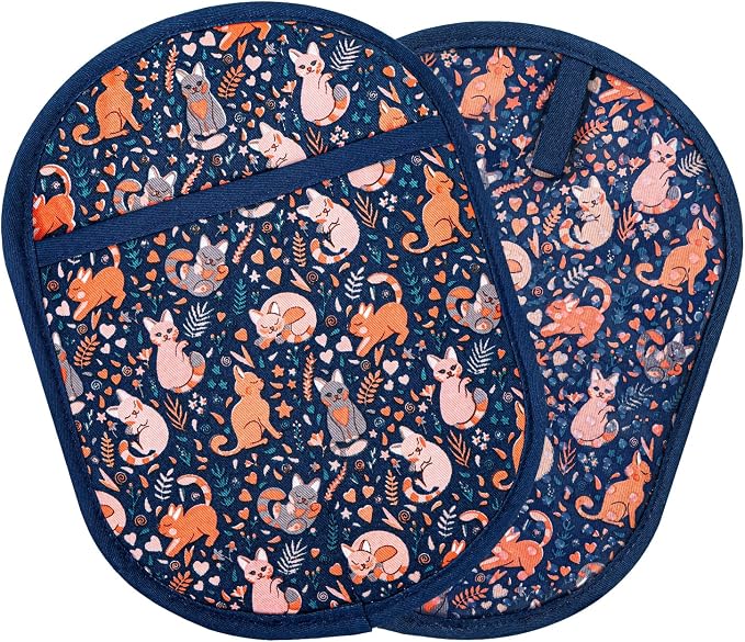 Pot Holders with Transparent Clear Silicone Shell and Nice Cat Flower | Potholders Cotton Lining Set of 2, Heat Resistant to 500 F Kitchen Oven Gloves for Cooking (Navy Cat, Potholders)