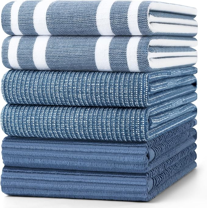Homaxy Cotton 380 GSM Premium Kitchen Towels, 18"x 28", 6 Pack, Navy Blue | Soft and Absorbent Terry Dish Towels, Multipurpose Tea Towel Set with Hanging Loop, 3 Styles Kitchen Hand Towels
