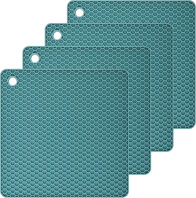 Teal Silicone Trivets Mats Silicone Pot Mat for Countertop Trivet Pads Heat Resistant Table Placemats 4 Pack,Size:7.5x7.5 Inch, Shape: Square