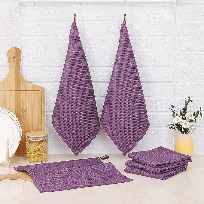 Kitinjoy 100% Cotton Waffle 8-Pack Kitchen Towels, 12" x 12", Violet | Ultra Absorbent, Super Soft, lightweight, Quick Drying Dish Rags for Washing Dishes