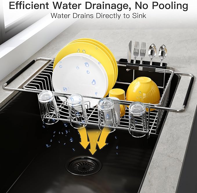 JASIWAY in Sink Dish Drying Rack with Drainboard and Utensil Holder | Use Over the Sink or Counter, Stainless Steel Expandable Dish Drainer for Small Kitchen, Space Saving, Fast Drain, Rustproof