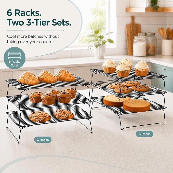 Kingrol 6-Piece Stackable Cooling Racks for Baking, Two 3-Tier Sets | Nonstick-Coated Steel, Foldable Legs, Stacked or Separate Use, Ideal for Cookies, Cupcakes, Pastries, Pies, and Cake Layers