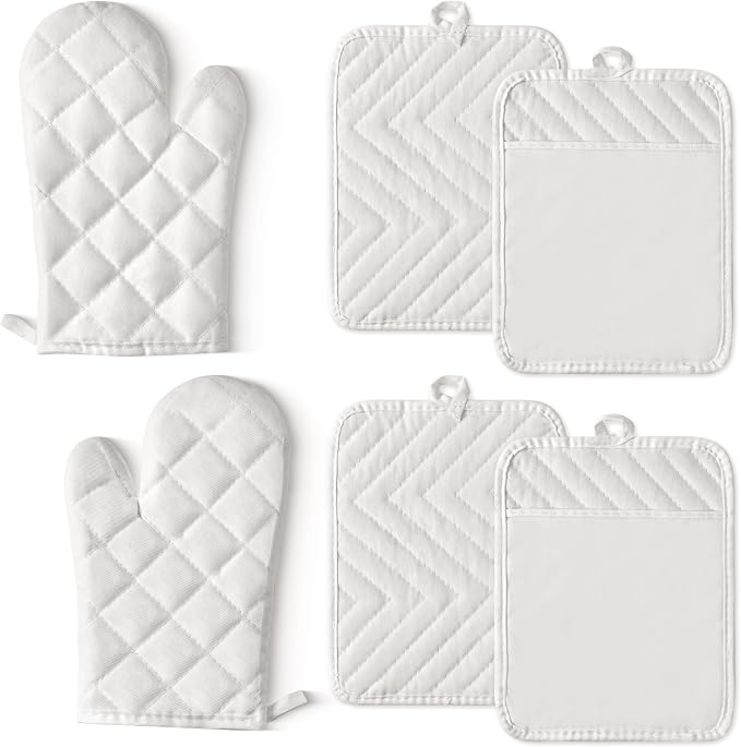 6Pcs Cotton Oven Mitts and Pot Holders Set Heat Resistant Hot Pads Machine Washable BBQ Gloves with Hanging Loop Durable Pocket Pot Holder for Kitchen Baking Grilling Cooking White