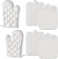 6Pcs Cotton Oven Mitts and Pot Holders Set Heat Resistant Hot Pads Machine Washable BBQ Gloves with Hanging Loop Durable Pocket Pot Holder for Kitchen Baking Grilling Cooking White