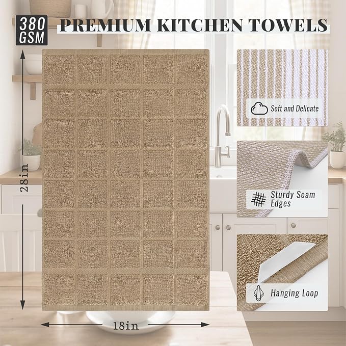Homaxy 6 Pack Cotton Terry Premium Kitchen Towels, 18 x 28 in, Khaki | Large 380 GSM Dish Towels, Highly Absorben Flat & Terry Kitchen Hand Towels, Soft Utility Tea Towel Set with Hanging Loop