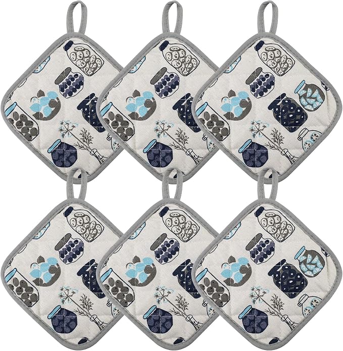 6-Pack Pot Holders for Kitchen, Quilted Hot Pads with Hanging Loop – Jar & Herb Pattern Heat Resistant Pot Holders for Hot Dishes, Pans & Oven Use(Grey)