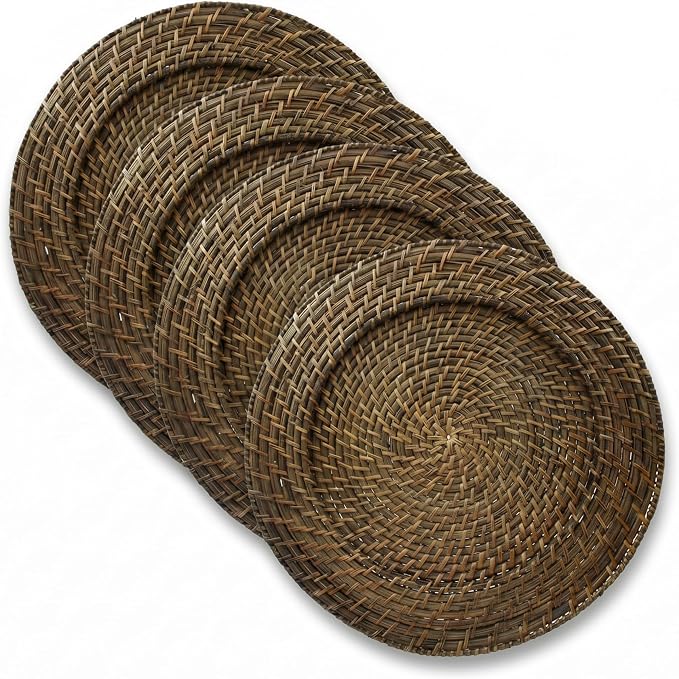 Rattan Plate Chargers, Brown, Round Woven, Set of 4 | Handwoven Natural Rattan With Warm Finish, 13x13in Round Fit For Dinner Plates, Durable Charger Set For Weddings & Banquets
