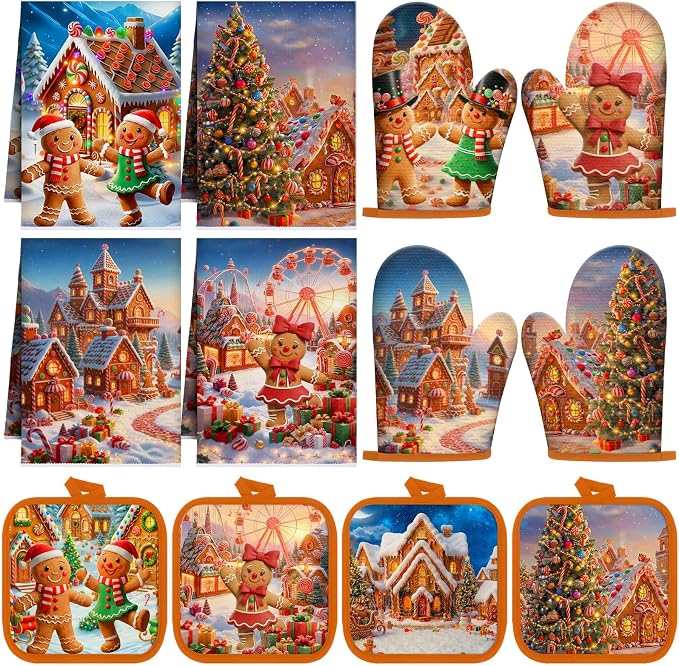 Silifine 12 Pcs Christmas Oven Mitts Pot Holders Kitchen Towels Sets | Gingerbread Man Kitchen Accessories Dish Towels Potholders Resistant Glove for Cooking Baking Home Housewarming Gift