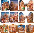 Silifine 12 Pcs Christmas Oven Mitts Pot Holders Kitchen Towels Sets | Gingerbread Man Kitchen Accessories Dish Towels Potholders Resistant Glove for Cooking Baking Home Housewarming Gift