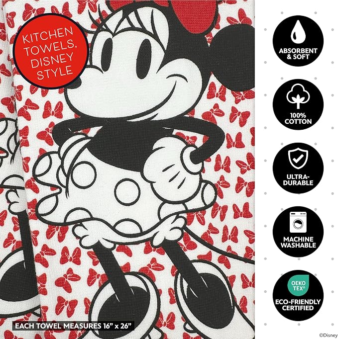 Disney Minnie Cotton Kitchen Towels & Mini Oven Mitts, 4-Piece Set | Absorbent, dries dishes fast, machine washable, mitt grip resists heat to 350F and is hand wash only, great for gifting