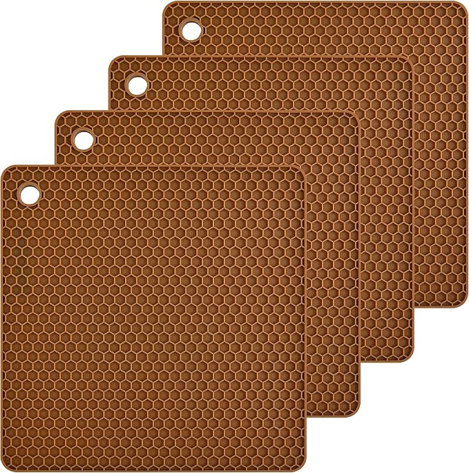 Brown Silicone Trivets Mats Square Silicone Rubber Pot Holder Trivet Mat for Hot Pan and Pot Hot Pads Counter Mat Heat Resistant Tablemat or Placemats 4 Pack,Size:7.5x7.5 Inch