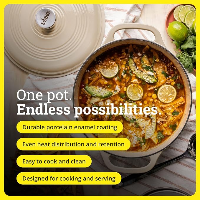Lodge Essential Enamel Cast Iron Dutch Oven 6 Quarts - Perfect for Bread Baking, Braising, Marinating & Slow Cooking, Features Moisture-Sealing Lid & Dual Handles, Kitchen Essentials, Sandalwood