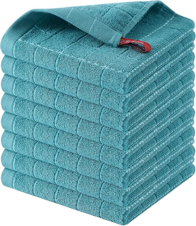 Homaxy 100% Cotton Terry Kitchen Dish Cloths, 8 Pack, Lake Blue | Ultra Soft and Absorbent, Suitable for Drying and Washing Dishes