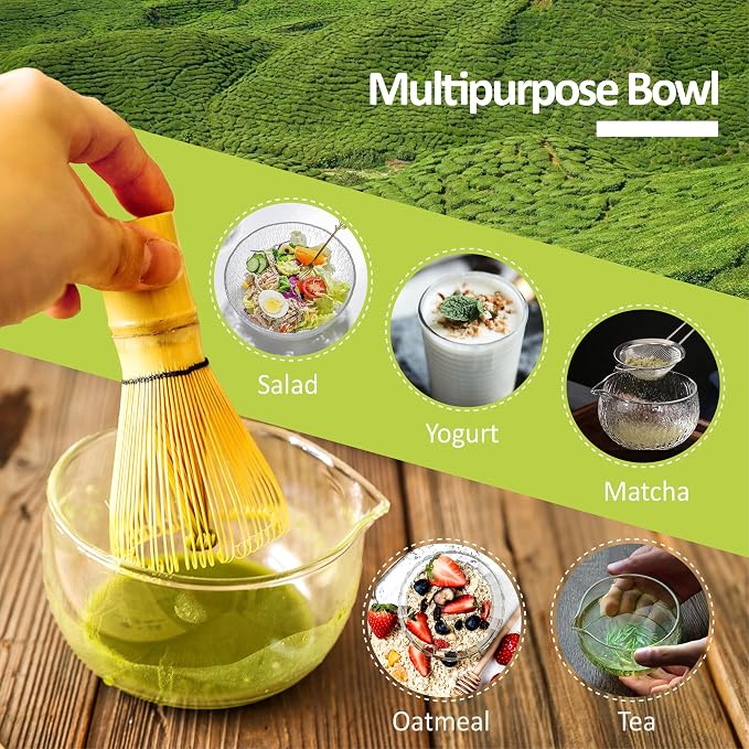 Matcha Bowl and Whisk Holder Set, Glass Matcha Bowl with Spout, Ceremonial Mixing Chawan, Clear Traditional Japanese Matcha Kit for Tea/Matcha Powder/Soup - Hammer Pattern