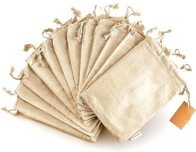 Organic Cotton Reusable Produce Bags - Small 5x7 (12 Pack) - Biodegradable Eco-Friendly Bulk Bin Sacks for Food - Cloth Bags with Drawstrings - Linen Pouch for Fruit, Vegetable Storage