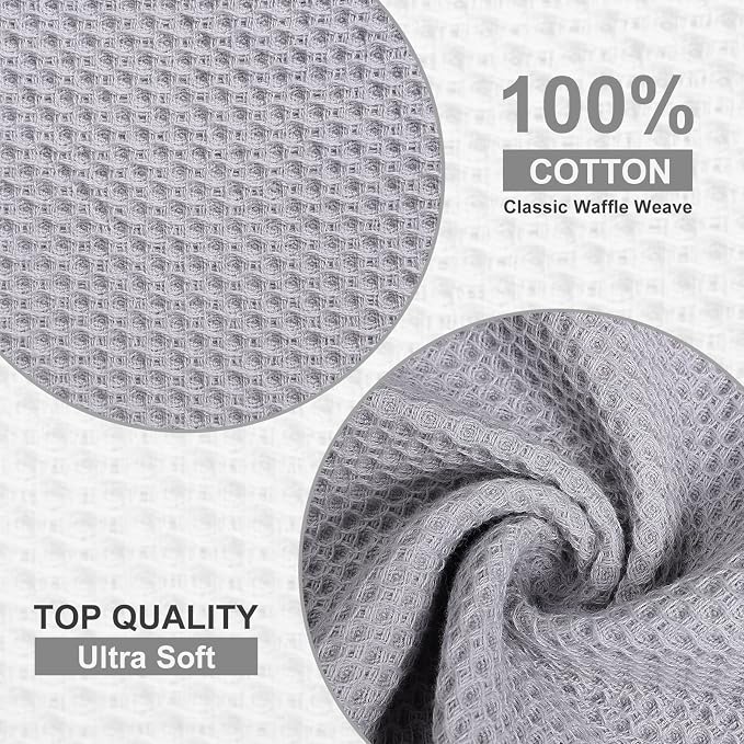 Kitinjoy 100% Cotton Waffle 6-Pack Kitchen Towels, 12" x 12", Light Grey | Ultra Absorbent, Super Soft, lightweight, Quick Drying Dish Rags for Washing Dishes