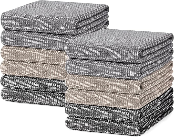 Mordimy Cotton Kitchen Towels (18"x 28", 12 Pack), Grey/Khaki/Black | 100% Ring Spun Cotton, Super Absorbent, 380 GSM, Flat & Terry, Soft, Hanging Loop Dish Towels