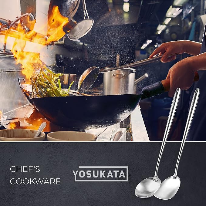 YOSUKATA Carbon Steel Wok and Stir Fry Pans 13,5 “ + 17’’ Wok Spatula and Ladle