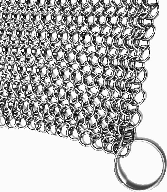 Cast Iron Scrubber 316 Stainless Steel Skillet Cleaner Chainmail Scrubber Chain Mail Scrub with Hanging Ring for Cast Iron Pre-Seasoned Pans (15 X 15cm)