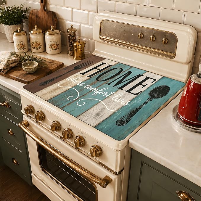 Farmhouse Stove Cover 28.3 x 20.5 Inches, Rustic Kitchen Stove Top Protector, Heat Resistant Non Slip Glass Electric Stove Cover Board, HOME Kitchen Decor Mat (Gray-blue)