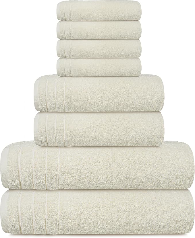 8 Piece Towel Set, 2 XL Bath, 2 Hand, 4 Washcloth, Cream | 100% Cotton, Lighter Weight, Quicker to Dry, Super Absorbent, Perfect for Bathroom