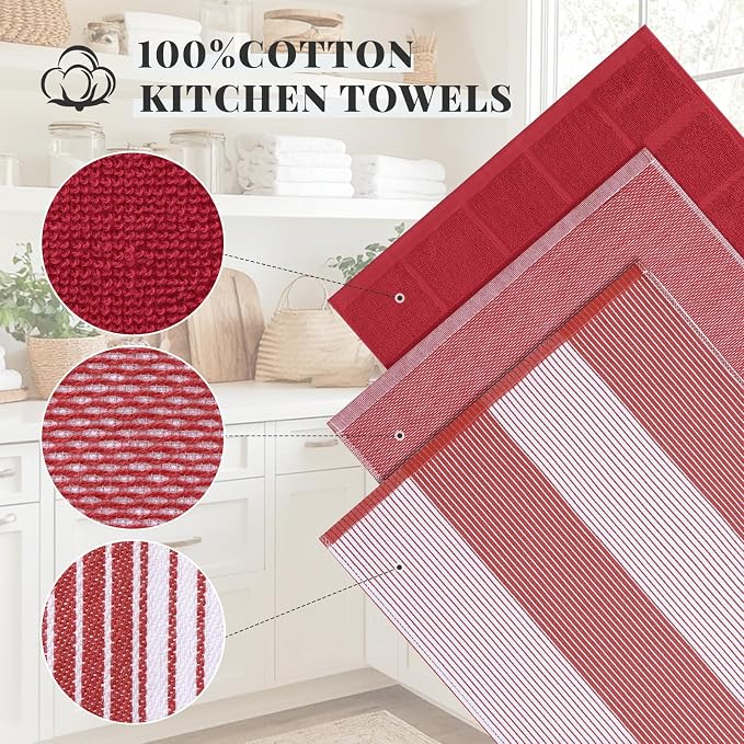 Homaxy 9 Pack Cotton Terry Premium Kitchen Towels, 18 x 28 in, Red | Large 380 GSM Dish Towels, Highly Absorben Flat & Terry Kitchen Hand Towels, Soft Utility Tea Towel Set with Hanging Loop