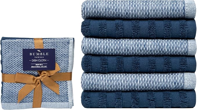 Bumble Premium Dish Cloths 13"x13" (6 Pack) | 100% Natural Ring Spun Cotton | 400 GSM | Highly Absorbent & Soft |Yarn Dyed & Solid Dyed Terry Dish Cloth Set - Blue