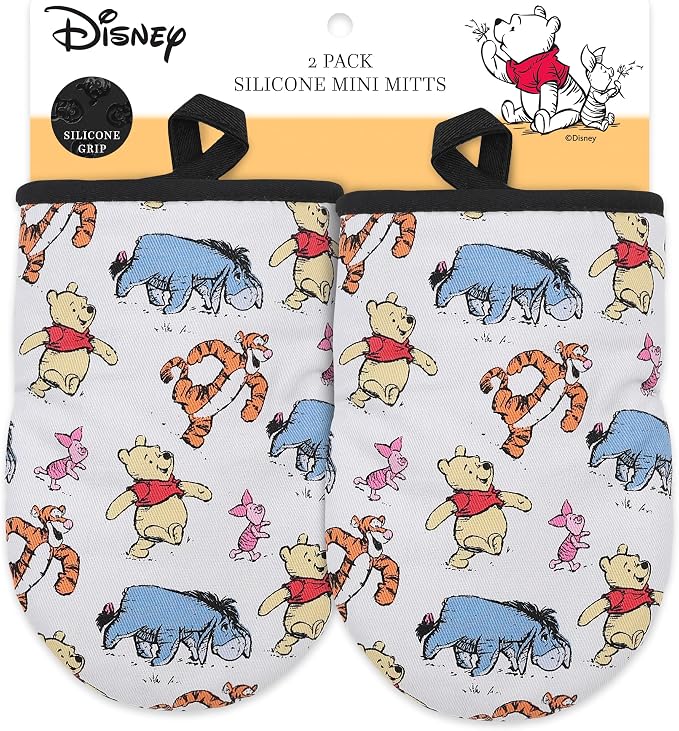 Disney Winnie the Pooh Mini Oven Mitts, 2-Pack, Heat Resistant 450F | Compact 5.5"x7.5" pot holders for kitchen, printed silicone offers non-slip grip, ambidextrous, hand wash or spot clean