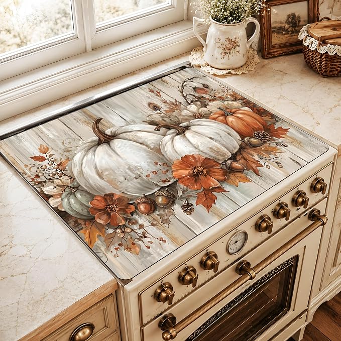 Pumpkin Stove Top Cover Mat, Thanksgiving Decor, 28.5 x 20.5Inchs(White pumpkin)