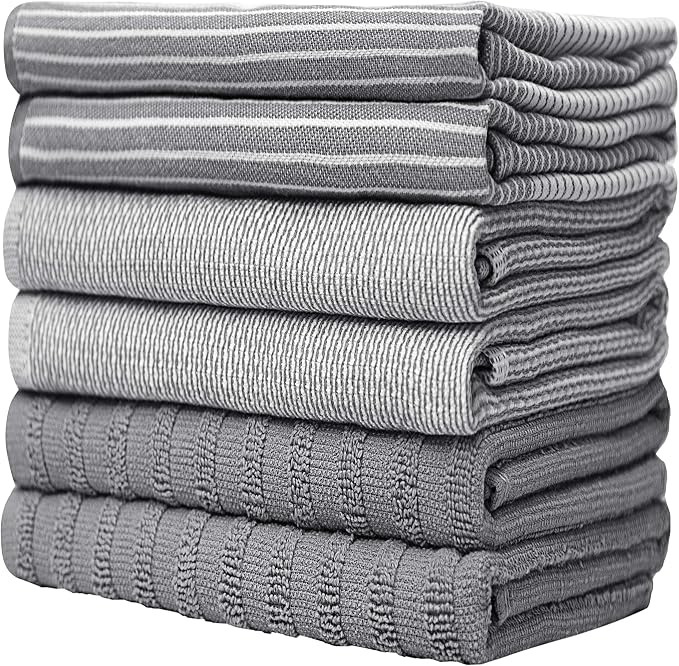Premium Kitchen Towels 6 Pack 100% Cotton, 20"x28" Dish Towels - Grey | Large Flat & Terry Kitchen Linen Set with Hanging Loops, Highly Absorbent for Washing and Drying Dishes