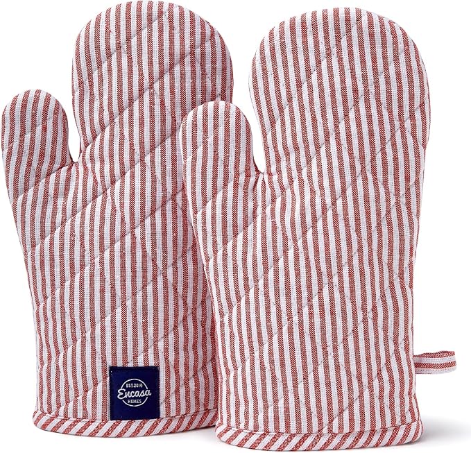 Encasa XO Oven Mitts, Heat Resistant Kitchen Gloves, Microwave | Ticking Red, 100% Cotton | Diamond Quilted Insulation | Pot Holders | Hanging Loop | Barbecue & Grill | Set of 2