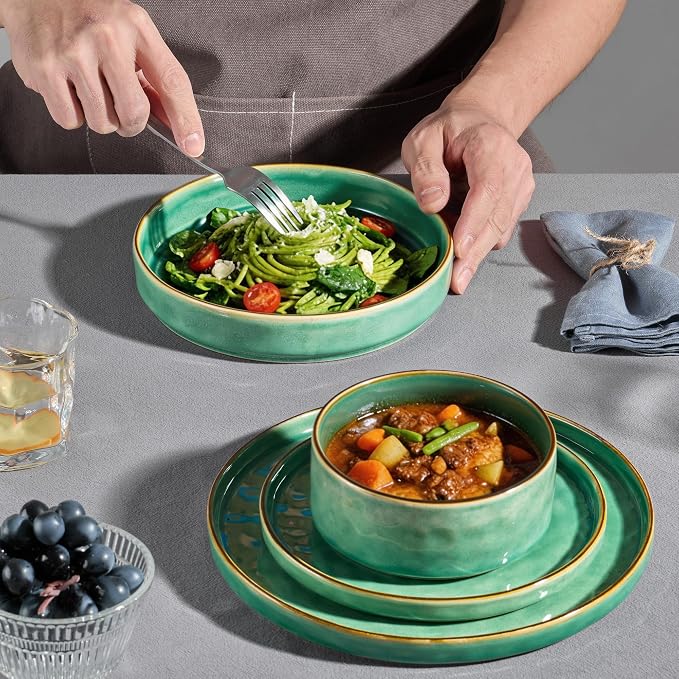 E-far Stoneware Dinnerware Set, 16-Piece Plates and Bowls Sets for 4 | Modern Dishes for Kitchen Dining, Reactive Glazing Ripple Design, Chip Resistant, Microwave & Dishwasher Safe, Reactive Green