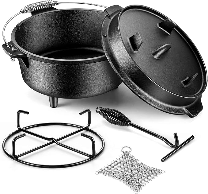 Joyfair Pre-seasoned Cast Iron Camp Dutch Oven with Accessories, 5QT Pot | Open Fire Camping Cookware with 2QT Skillet Lid For Outdoor Campfire Cooking - Baking Sourdough Bread, Oven Safe