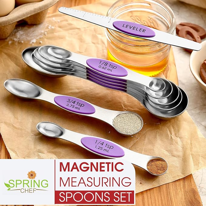 Spring Chef Stainless Steel Magnetic Measuring Spoons Set of 8, Orchid | Nesting Teaspoon & Tablespoon Measuring Spoons w/ Leveler for Dry & Liquid Ingredients, Measure Spoons For Baking & Cooking