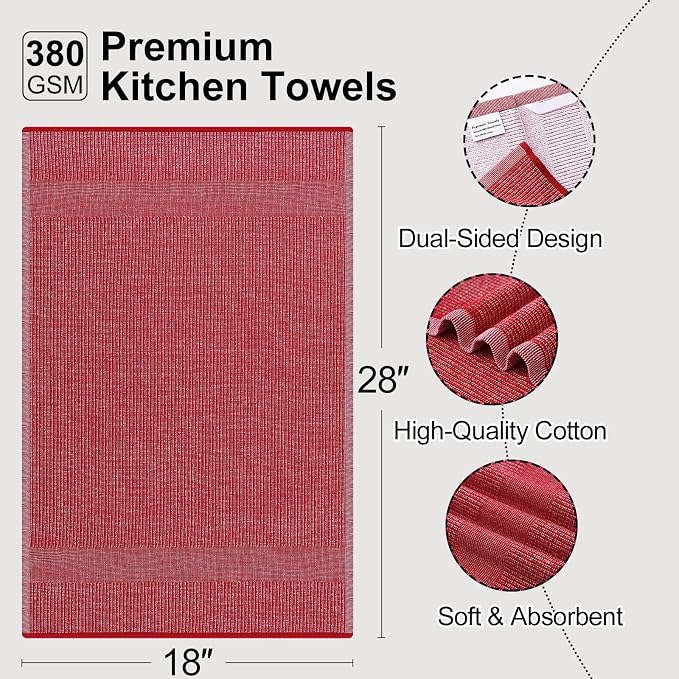 Mordimy Premium Large Cotton Kitchen Towels (18"x 28", 6 Pack), Red | 100% Ring Spun Cotton, Super Absorbent, 380 GSM, Flat & Terry, Soft, Hanging Loop Dish Towels