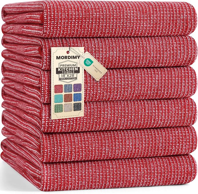 Mordimy Premium Large Cotton Kitchen Towels (18"x 28", 6 Pack), Red | 100% Ring Spun Cotton, Super Absorbent, 380 GSM, Flat & Terry, Soft, Hanging Loop Dish Towels