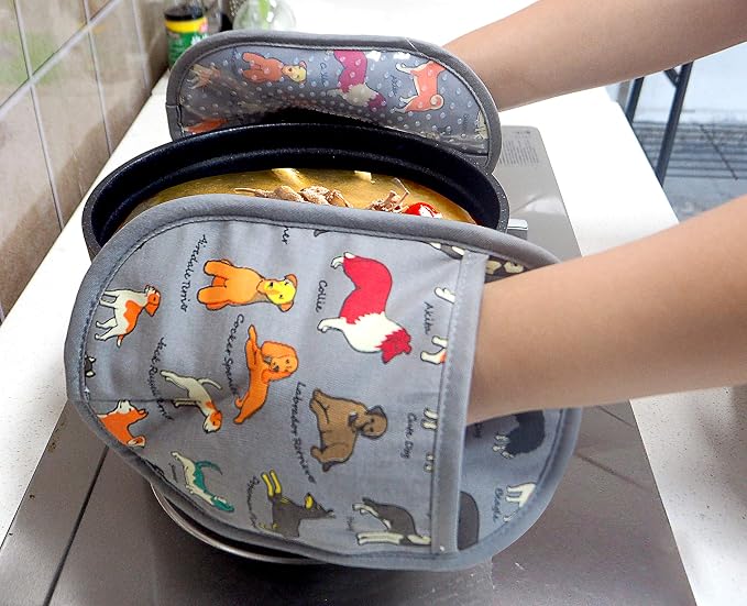 Pot Holders with Transparent Clear Silicone Shell and Nice Dog Flower | Cotton Lining Set of 2 Potholders Heat Resistant to 500 F Kitchen Oven Gloves for Cooking (Grey Dog, Potholders)