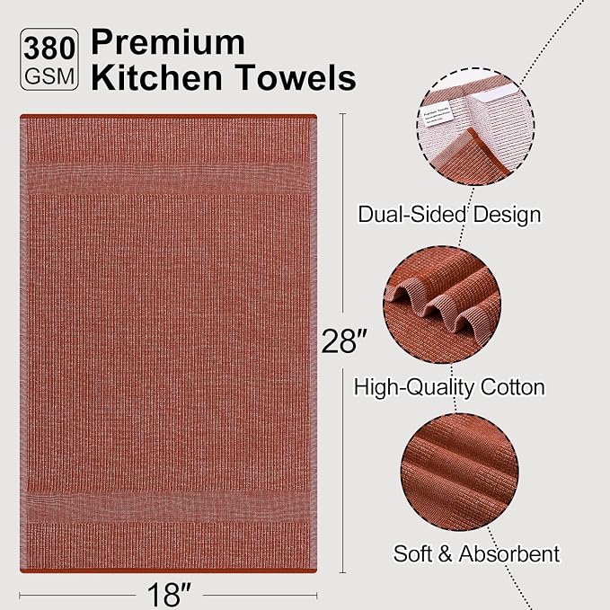 Mordimy Premium Large Cotton Kitchen Towels (18"x 28", 6 Pack), Rust | 100% Ring Spun Cotton, Super Absorbent, 380 GSM, Flat & Terry, Soft, Hanging Loop Dish Towels
