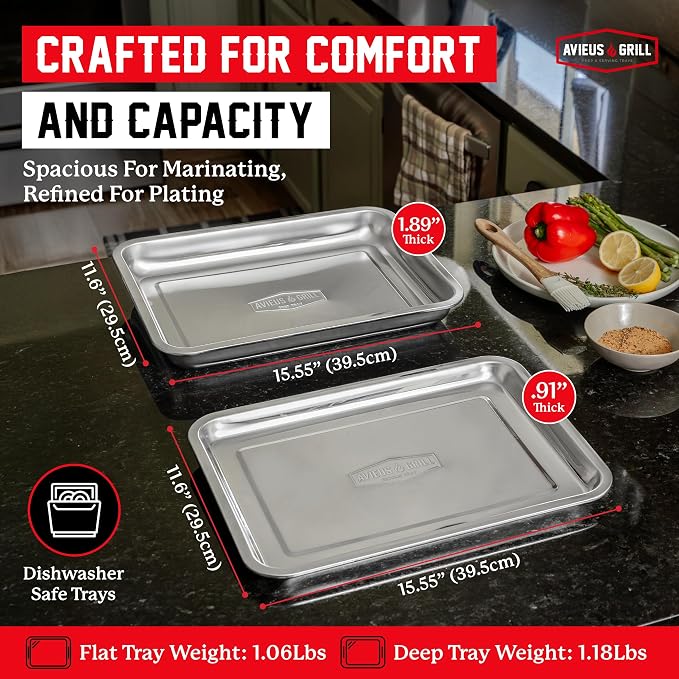 AVIEUS Grill Prep and Serving Trays | Set of 2 Stackable Stainless Steel Trays | Trays for Marinating, Serving & Chopping | Serving Platter for Plating Food & BBQ Prep Tub | Grilling Accessories